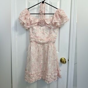 Off shoulder ruffle dress with halter neck tie